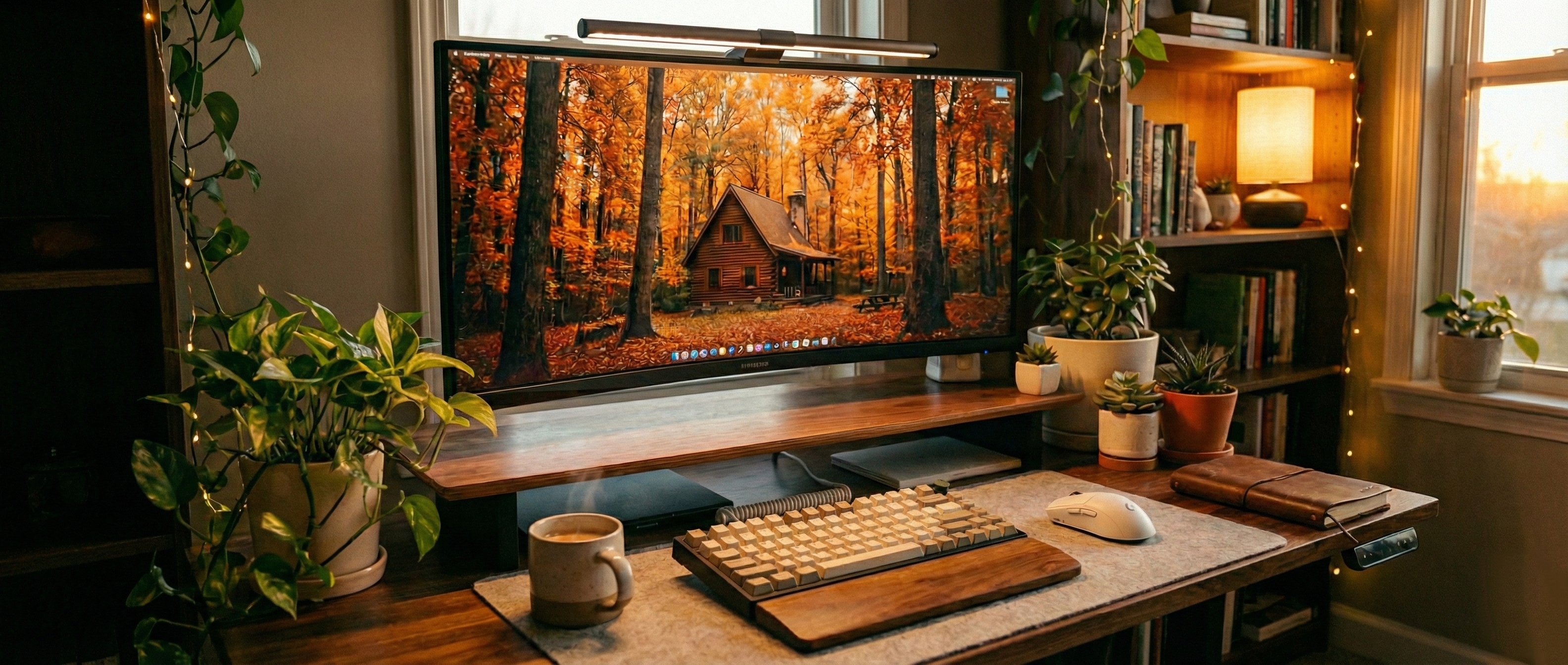 A cozy, warm minimalist desk setup featuring an ultrawide monitor, custom mechanical keyboard, and a cup of coffee.